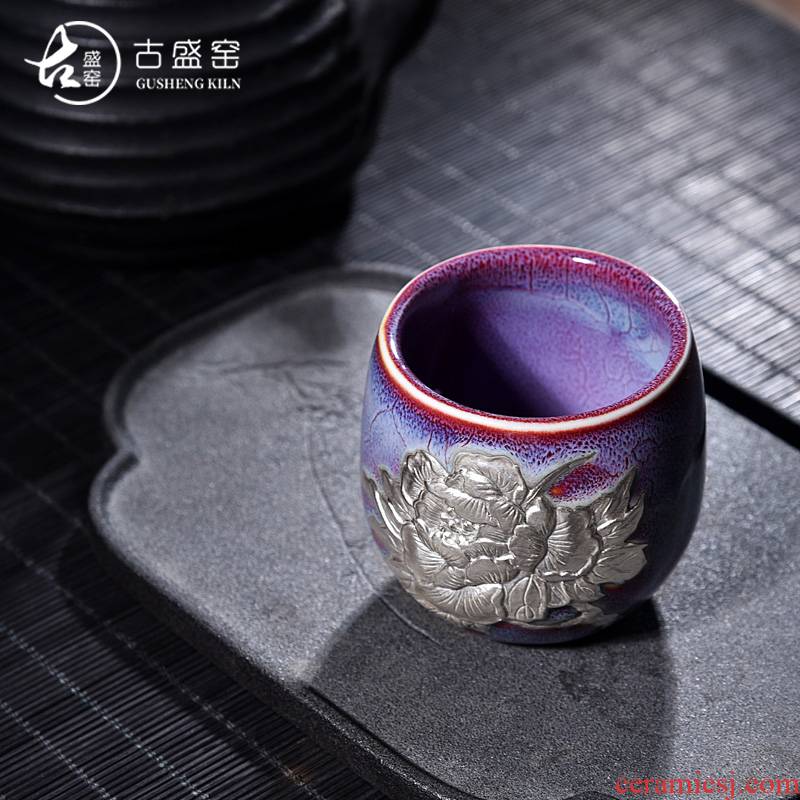 Ancient new riches and honor peony jun sheng up with silver sterling silver checking tea cup kung fu master CPU