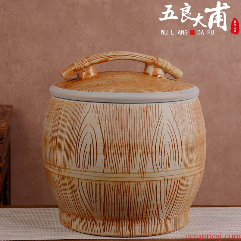 Jingdezhen ceramic barrel with cover ricer box 10 jins 20 jins 30 meters storage box imitation solid wood household seal storage tank