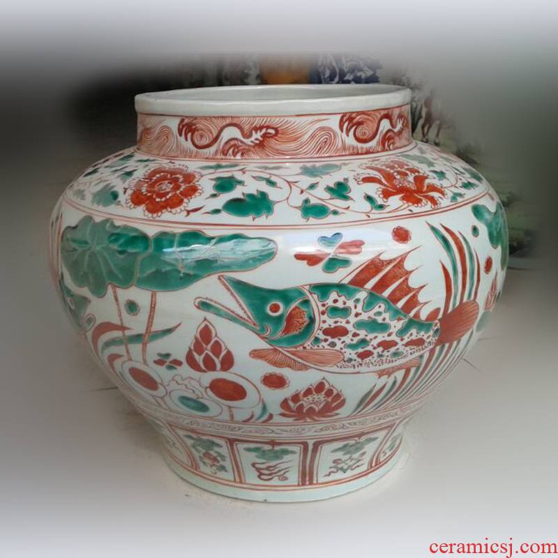 Jingdezhen imitation yuan bath jar of red, green, blue and white colors porcelain fish fish grain bath jar of archaize of yuan blue and white cylinder