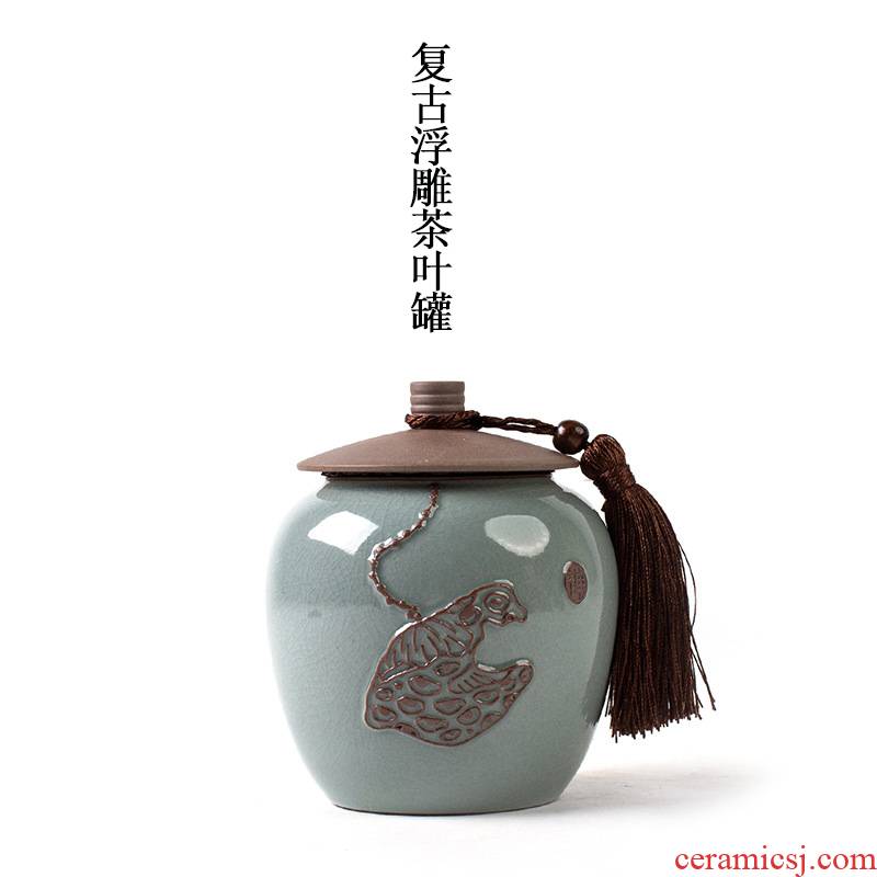 Retro celadon large tea pot gift portable puer tea pot seal household caddy fixings