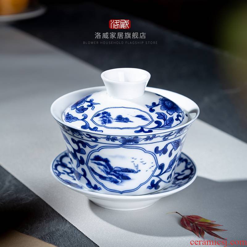 , only three tureen ceramic cups domestic large bowl of blue and white porcelain tea set tea bowl to bowl is not hot