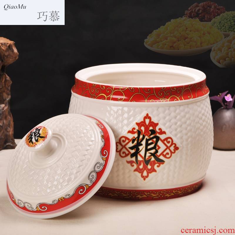 Qiao mu jingdezhen ceramic barrel ricer box seal pot 15 pounds 25 kilo meters five box of storage tank is moistureproof insect - resistant jar