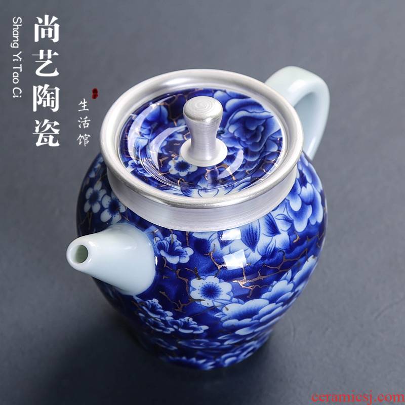 999 sterling silver ceramic teapot tea tasted silver gilding machine kung fu tea set of blue and white porcelain portable silver household filter single pot