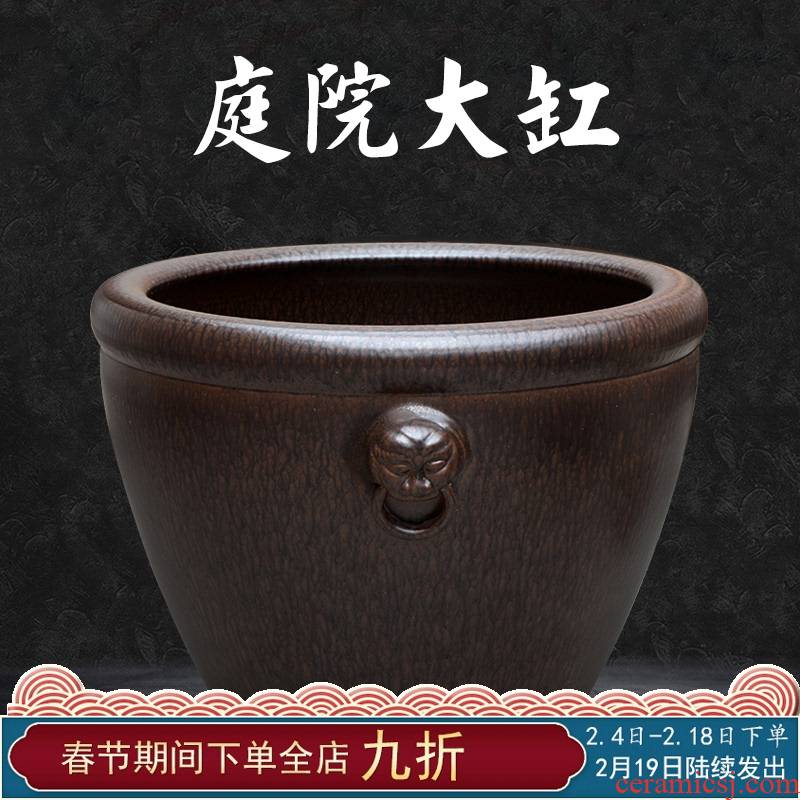 Large size extra Large sitting room goldfish bowl jingdezhen ceramic earthenware VAT black pottery tortoise water lily cylinder