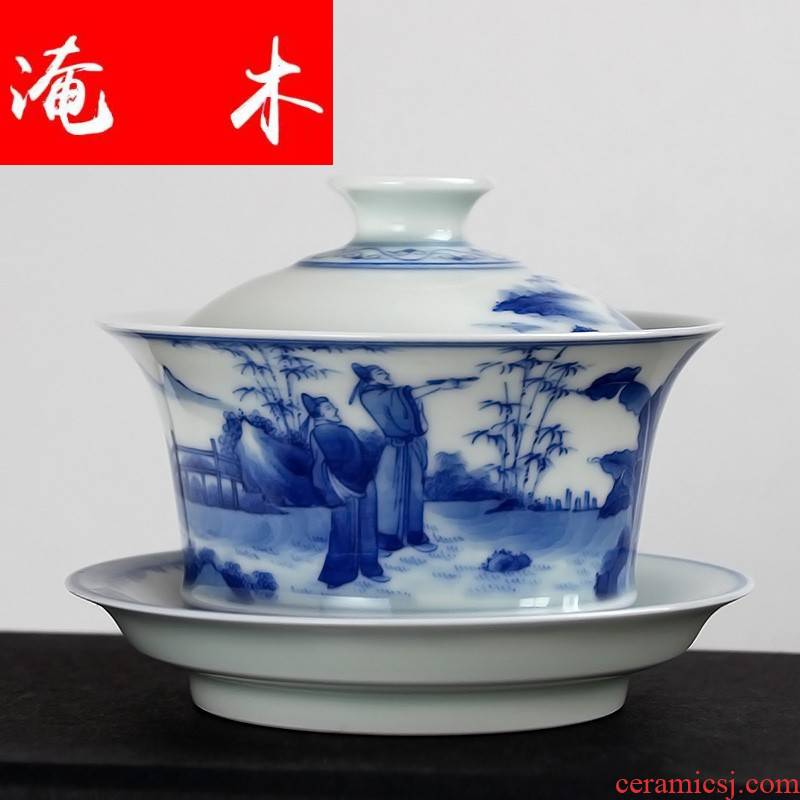 Flooded wood antique tureen manual of blue and white porcelain tea set hand - made teacup jingdezhen ceramic seven sages of bamboo forest tea tureen