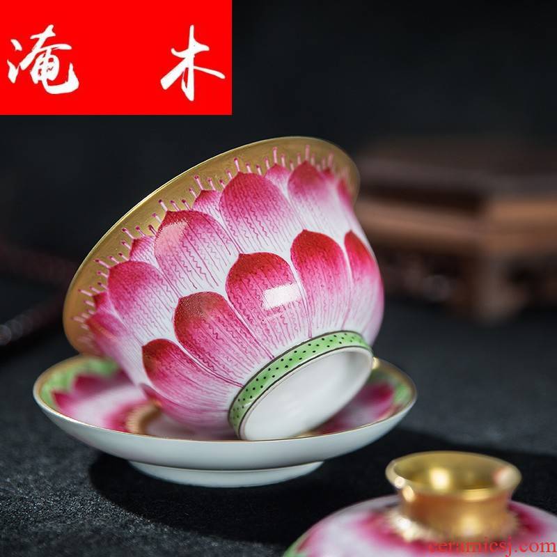 Flooded hand - made wooden jingdezhen ceramics powder enamel see only three tureen lotus kung fu tea tea can by hand