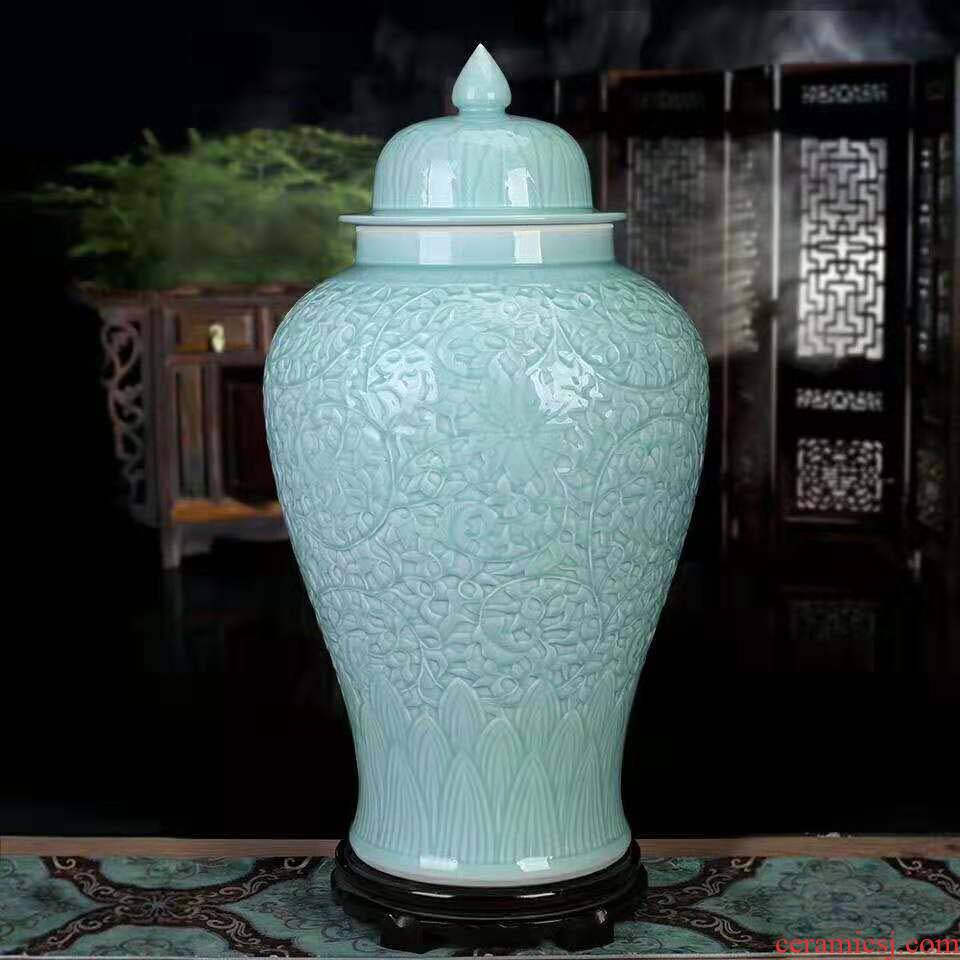 Jingdezhen high - end monochrome celadon cover tank mesa ceramic porcelain vase shadow carving cover general pot
