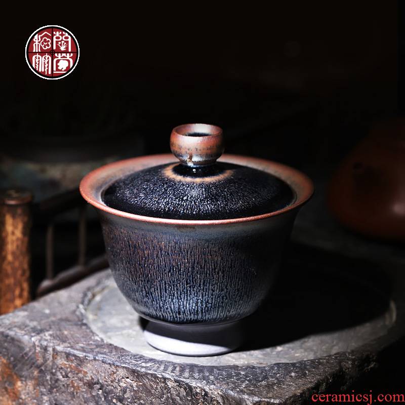 Jianyang undressed ore glaze Chen Guofei manual build light footed tureen authentic ceramic cups tire iron hand grasp a pot of tea bowl