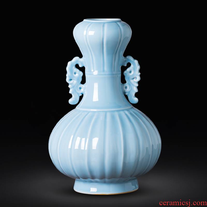 Jingdezhen ceramics azure glaze carving vase archaize sitting room ark adornment to restore ancient ways of Chinese style household furnishing articles