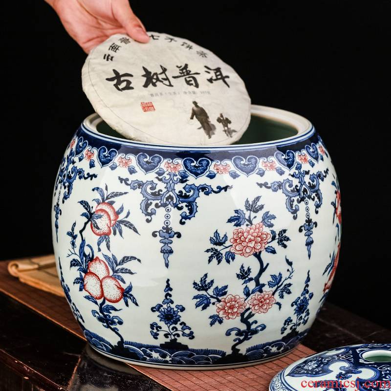 Hand - made antique blue and white porcelain of jingdezhen ceramics pu 'er tea pot with cover large storage as cans accessories furnishing articles