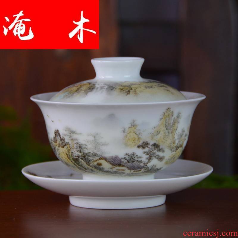 Submerged wood jingdezhen blue and white porcelain checking tea tureen pastel hand - made scenery tureen three tureen