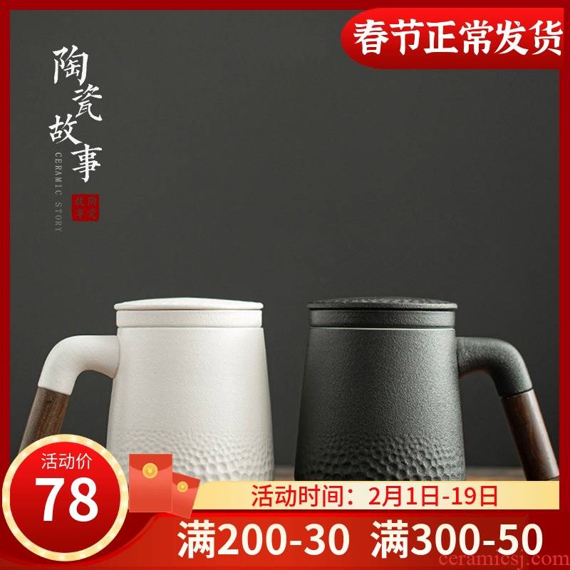 Story of pottery and porcelain tea cups separation of office tea cup with cover filter custom logo green tea cup