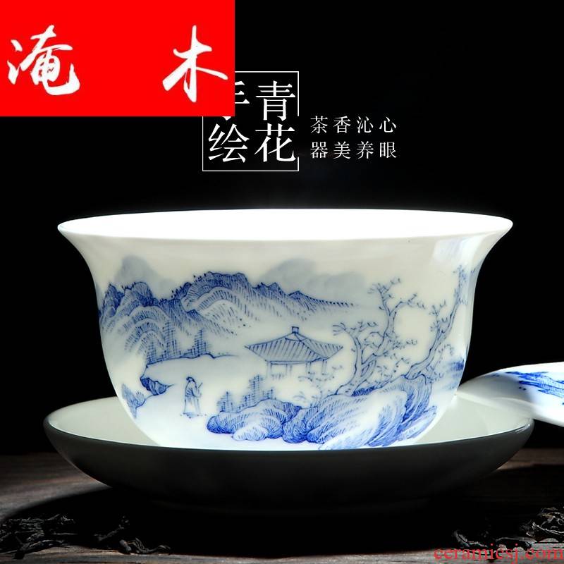 Flooded wood tureen tea cups kung fu tea set large white porcelain of jingdezhen ceramics thin foetus tea three bowl is only blue and white