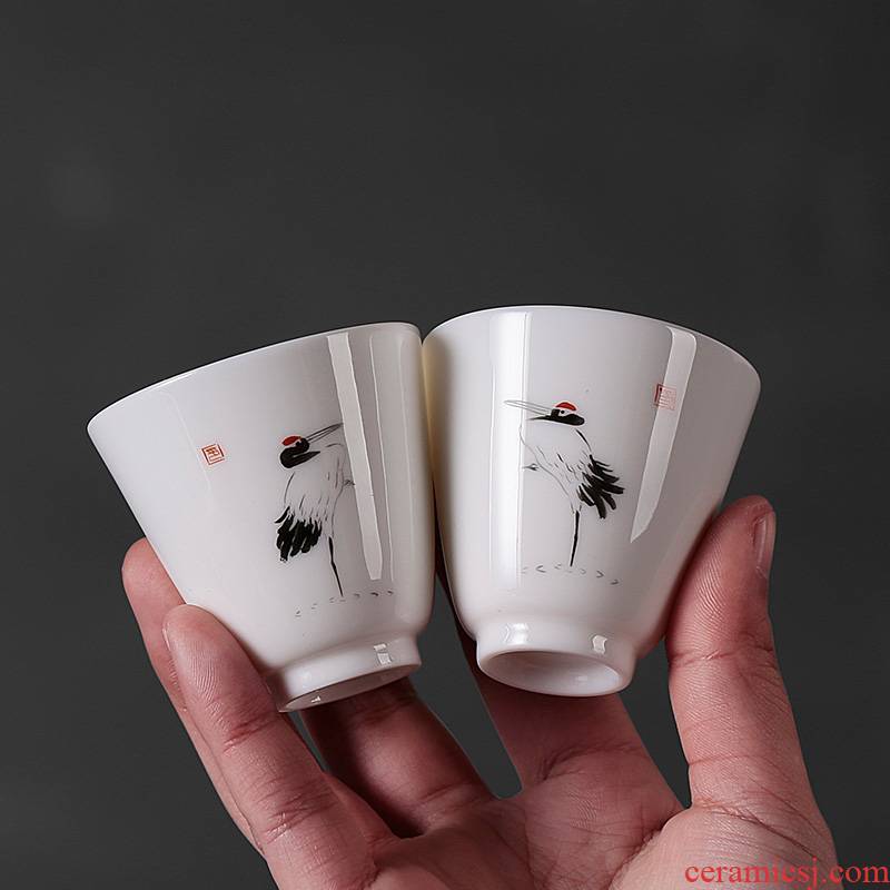 Dehua white porcelain hand - made master kung fu small cup tea cup single cup home, a pair of glass ceramic couples move