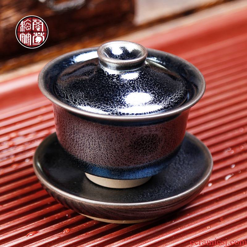 All hand blue kirin only three cups of tureen fujian Yang built lamp that kung fu tea set ceramic cups tire iron single tea bowl