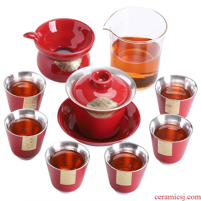 Retired life coppering. As silver tureen tea set household jingdezhen ceramic kung fu tea tea tureen tea silver cup