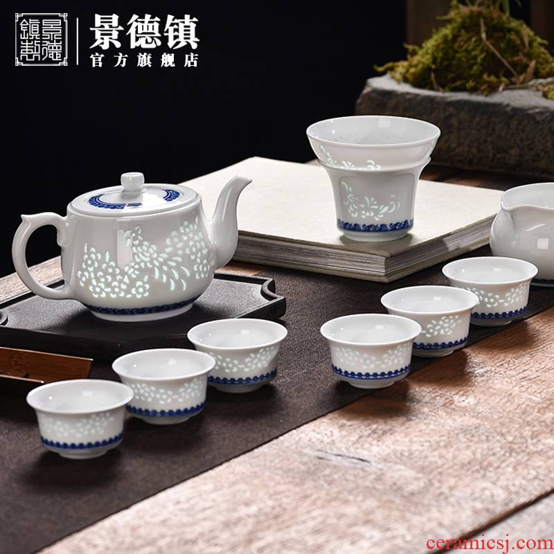 Jingdezhen flagship store of ceramic tea set manually exquisite blue and white kung fu tea set a pot of six cups of tea set