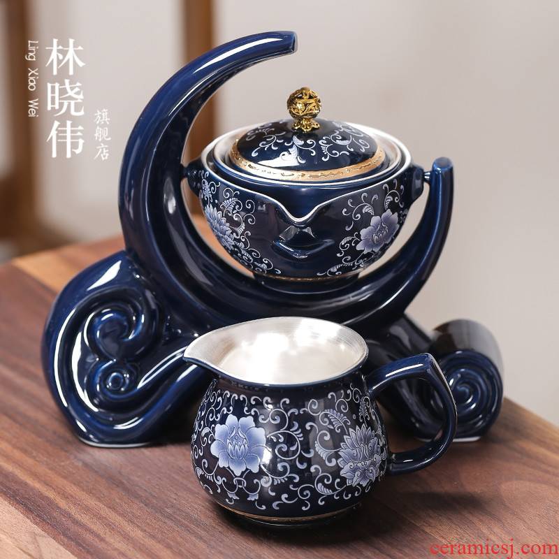Tasted silver gilding automatic ceramic lazy teapot tea set a single visitor high - grade household tea is a small set of an artifact
