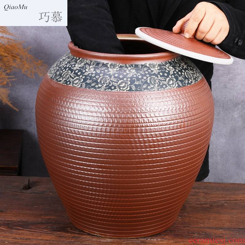 Qiao mu ceramic barrel with cover coarse pottery household moistureproof ricer box basin surface water cylinder kimchi storage tank