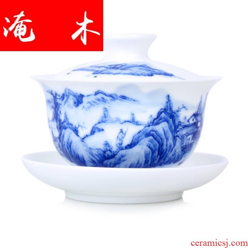 Submerged wood kung fu tea set hand - made scenery tureen tureen of blue and white porcelain ceramic bowl 180 ml cups