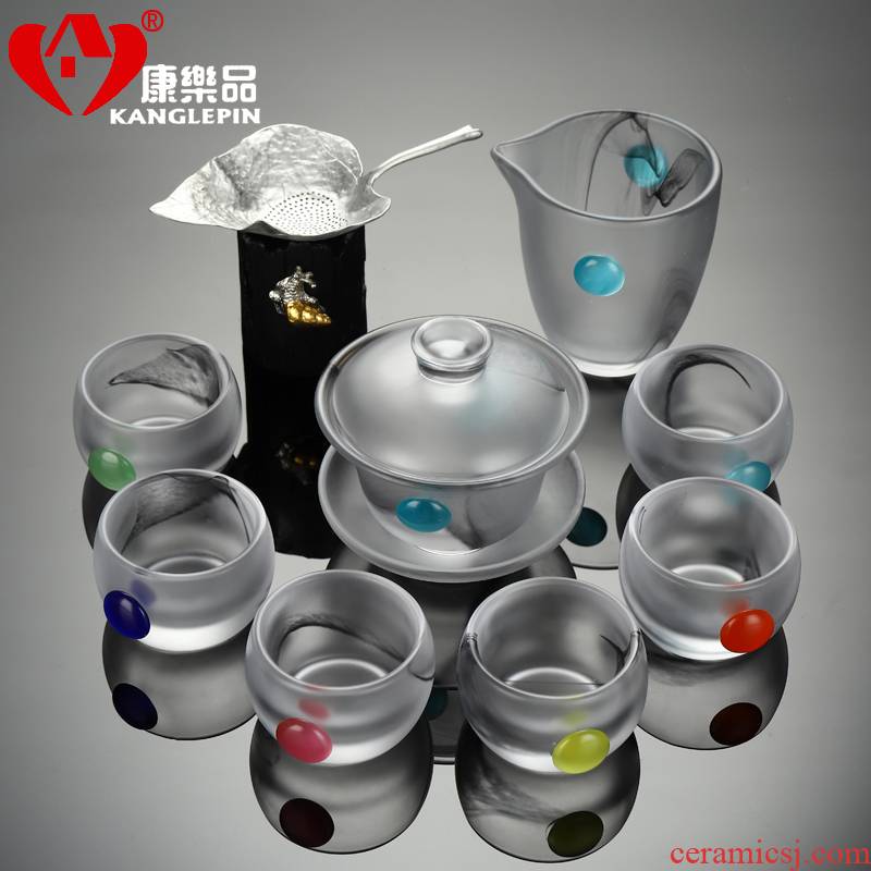 Recreational product kung fu tea sets tea jade inlaid opal ink coloured glaze porcelain teacup set of office home