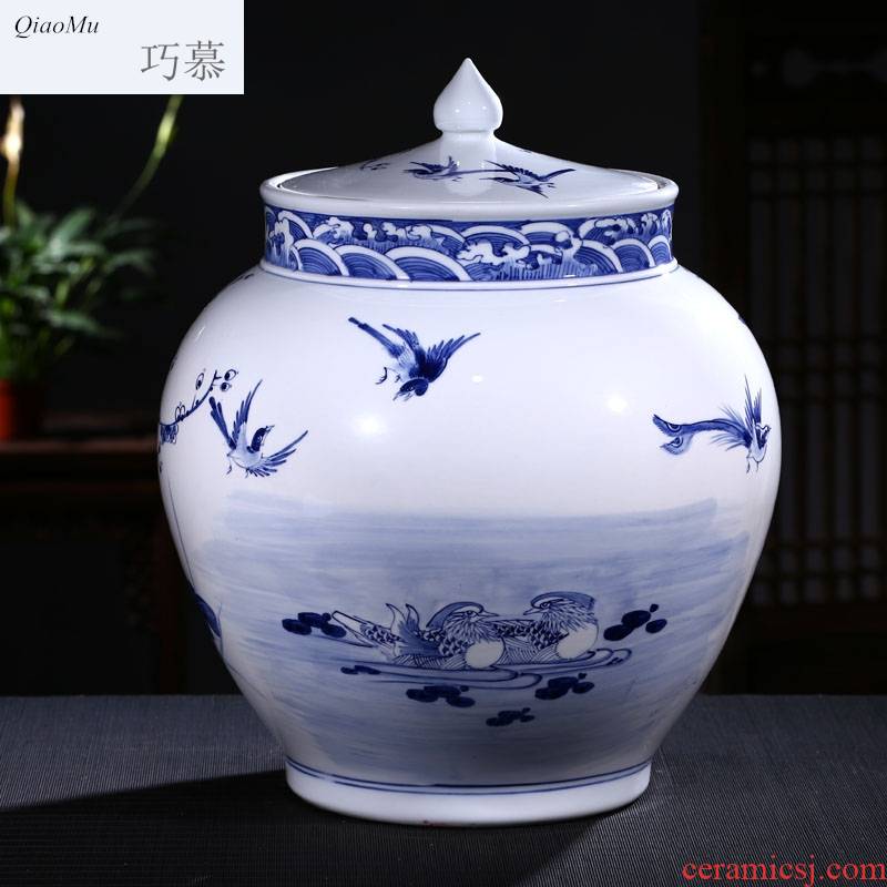 Qiao mu jingdezhen ceramic barrel ricer box storage tank hand under glaze blue and white color tea cylinder adornment ornament porcelain altar