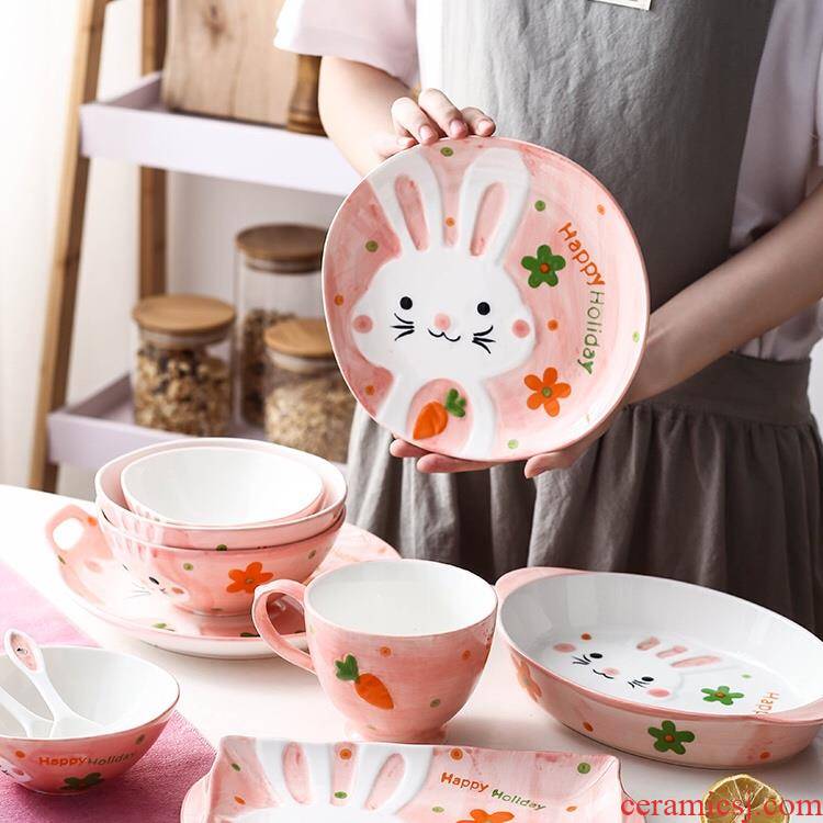 MuYun ceramic tableware under the glaze color cartoon three - dimensional relief of rabbit breakfast cup pan round bowl of soup bowl 0
