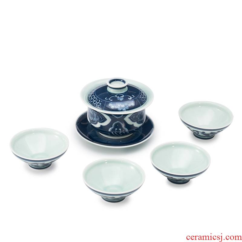 Qiao mu tureen tea set jingdezhen porcelain ceramic hand-painted under glaze color household kung fu tea set 5 times