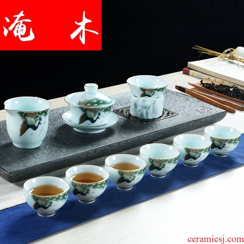 Submerged wood celadon ceramic tea set Japanese tureen tea sets of high - grade tea paint relief kung fu tea business