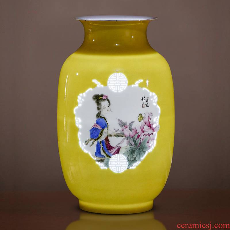 Jingdezhen porcelain ceramic hand - made exquisite knife clay yellow vases, new Chinese style home sitting room adornment is placed