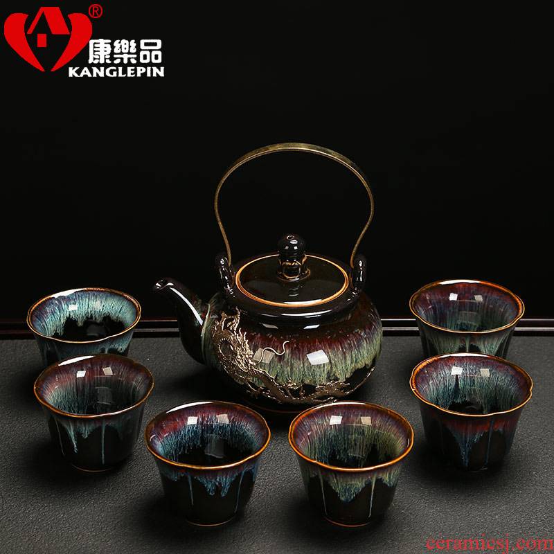 Recreational product obsidian change to build a complete set of ceramic Japanese kung fu lamp with fine gold girder pot of tea sets tea cup red glaze