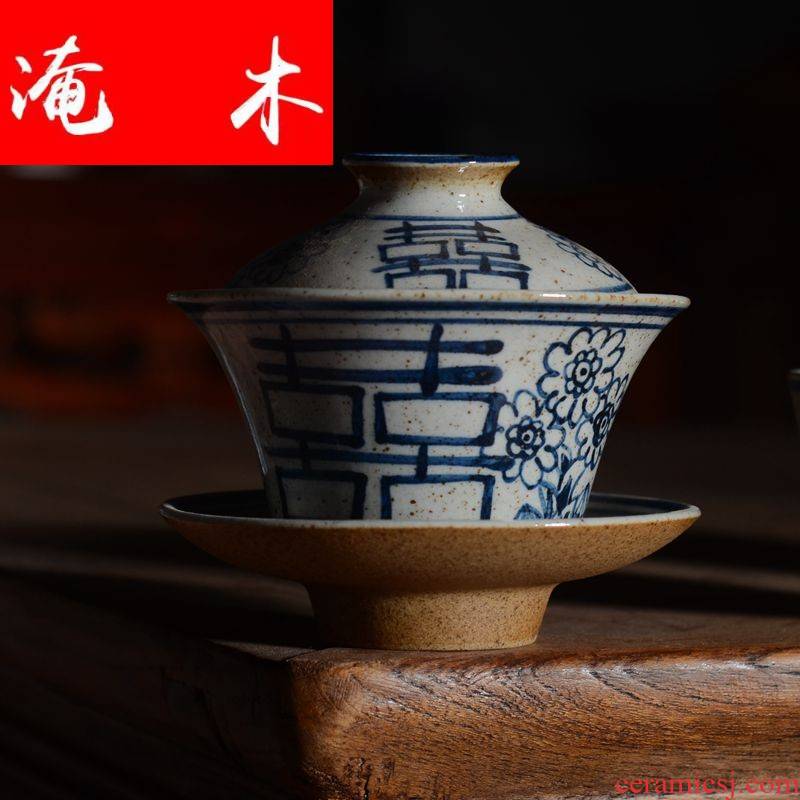 Flooded the wooden hand, blue and white porcelain of jingdezhen ceramic antique happy character three tureen kung fu tea tea bowl