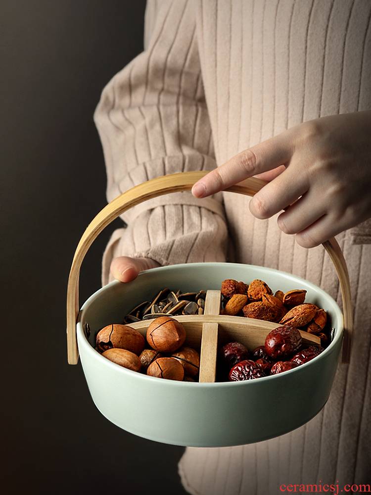 About Nine soil ceramic dried fruit platter sitting room home snacks the nut plate frame plate Japanese creative bamboo handle compote