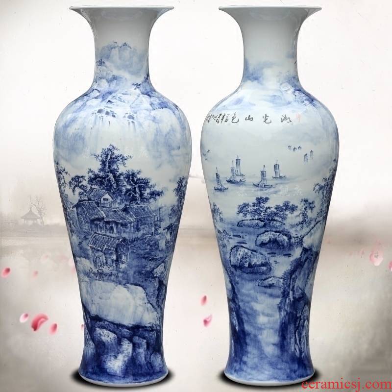Jingdezhen blue and white porcelain ceramic hand - made lake view landing big vase household living room a study place