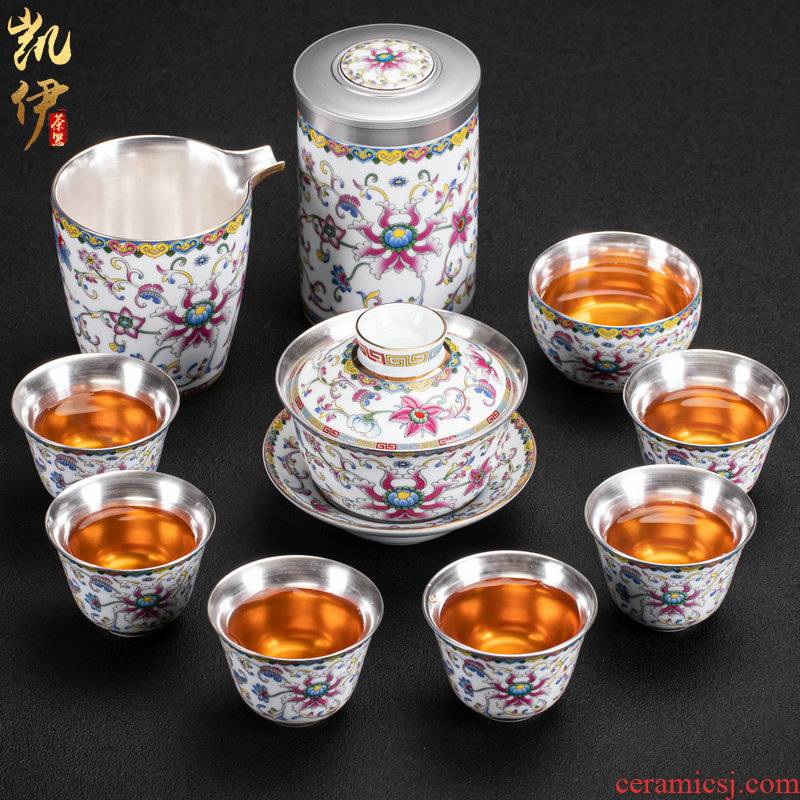 Colored enamel coppering. As silver cup tea set jingdezhen ceramic kung fu tea tea set silver tureen silver cup