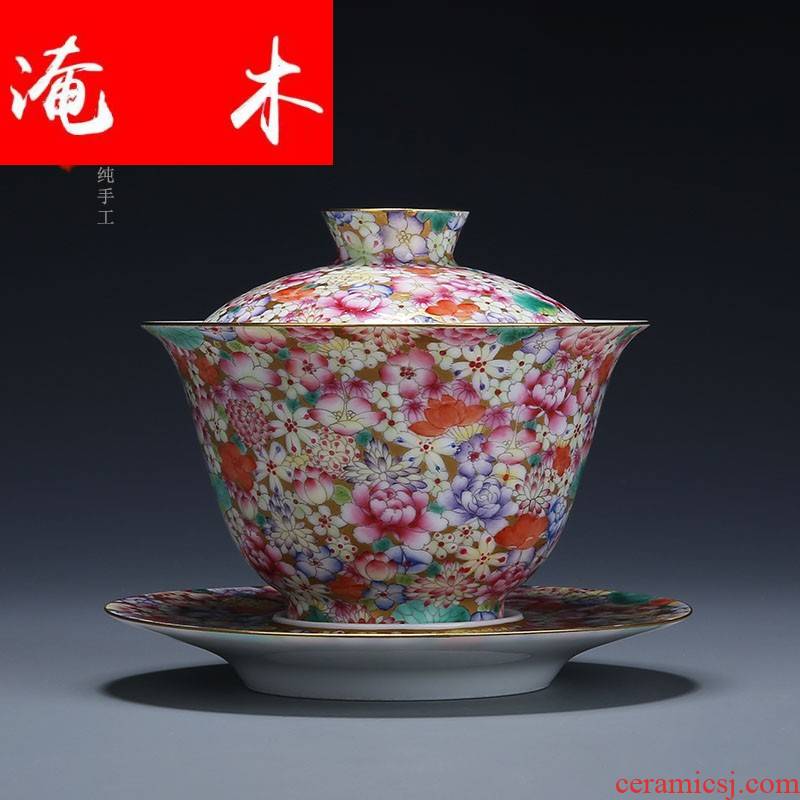 Flooded wood jingdezhen manual hand - made tureen tea ceramics powder enamel gold base than spend three to bowl bowl flowers