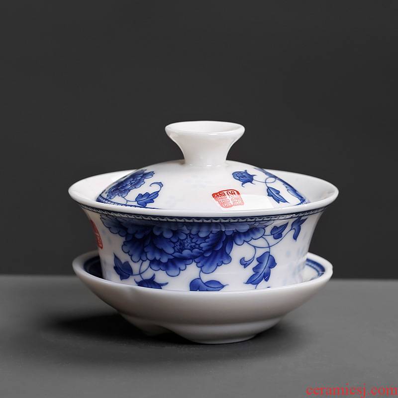 Ceramic tureen hand - made porcelain thin foetus kung fu style restoring ancient ways three cup lid tray hand grasp tea bowl