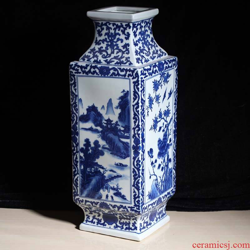 Jingdezhen blue and white square landscape flowers vase classic classical square vase appreciate vase in all directions