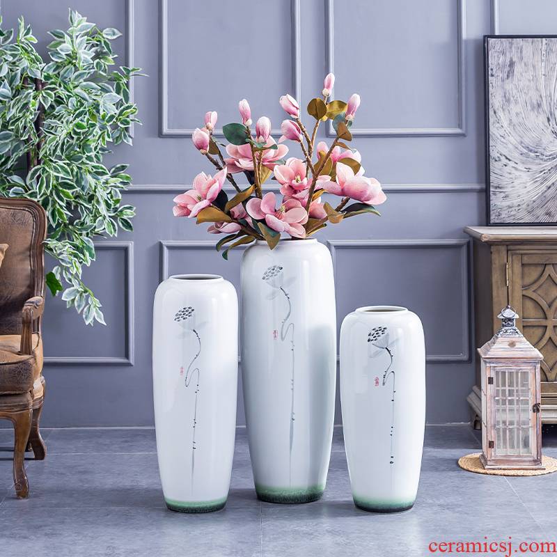 The Big diameter ceramic vase sitting room ground large furnishing articles white porcelain vase flower arranging flowers, white creative contracted