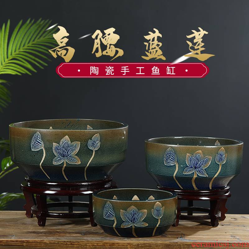 Jingdezhen ceramic aquarium desktop home furnishing articles feng shui plutus goldfish turtle basin of large cylinder water lily, lotus
