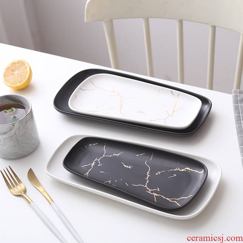 2021 Nordic disc marble matte enrolled gold ceramic strip plate sushi plate cold dish plate western food steak the market early