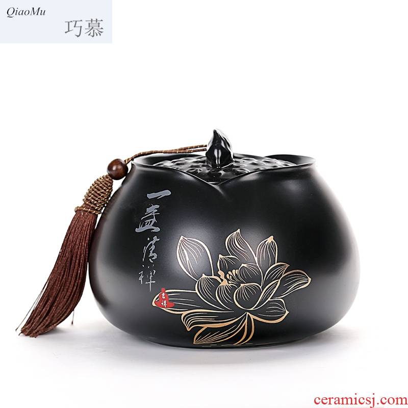 Qiao mu ceramic hand - made scenery caddy fixings medium size ceramic POTS of tea box of black and white lotus seal storage tanks