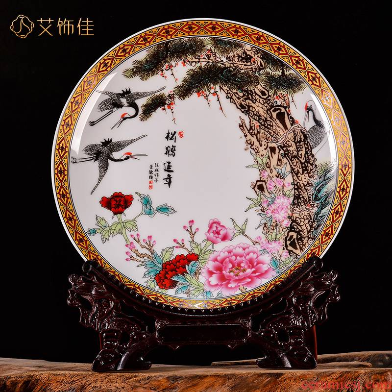 Jingdezhen ceramics powder enamel plate pine crane live celebration gifts of new Chinese style living room TV ark, rich ancient frame furnishing articles