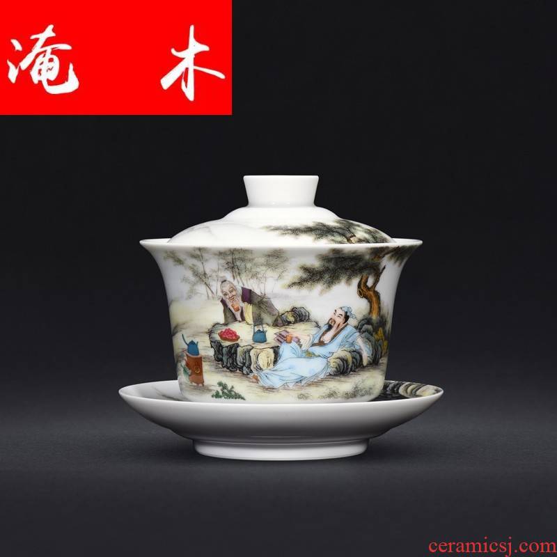 Flooded hand - made wooden jingdezhen ceramics powder enamel characters all hand three tureen kung fu tea tea bowl cups