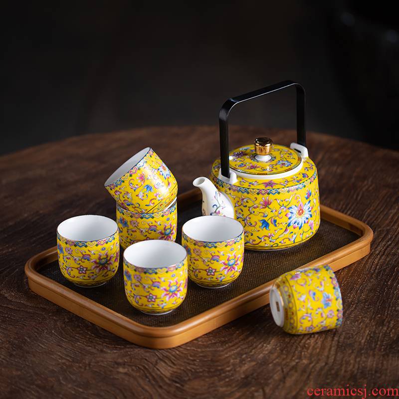 Blower, colored enamel teapot suit household teapot ceramic kung fu tea kettle pot pot of Chinese style to the girder
