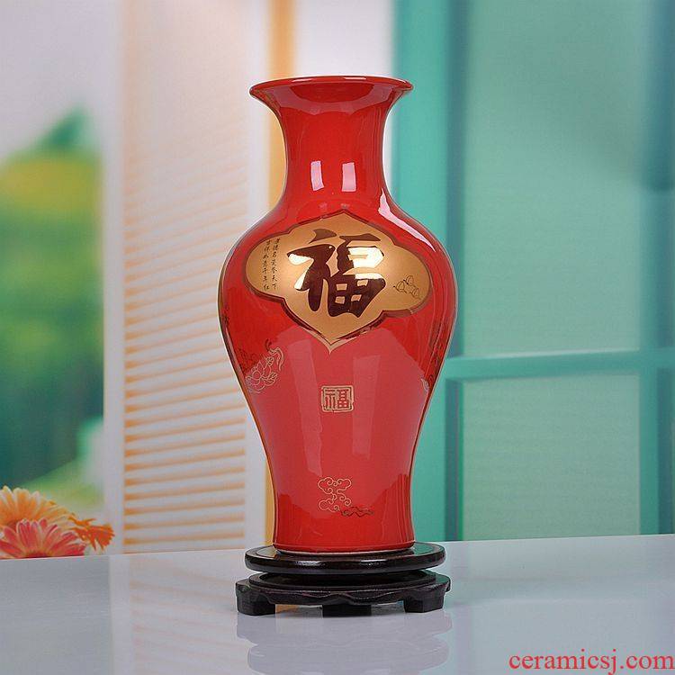 Jingdezhen ceramics China red Jin Fu vase household adornment handicraft decoration wedding gift for the wedding