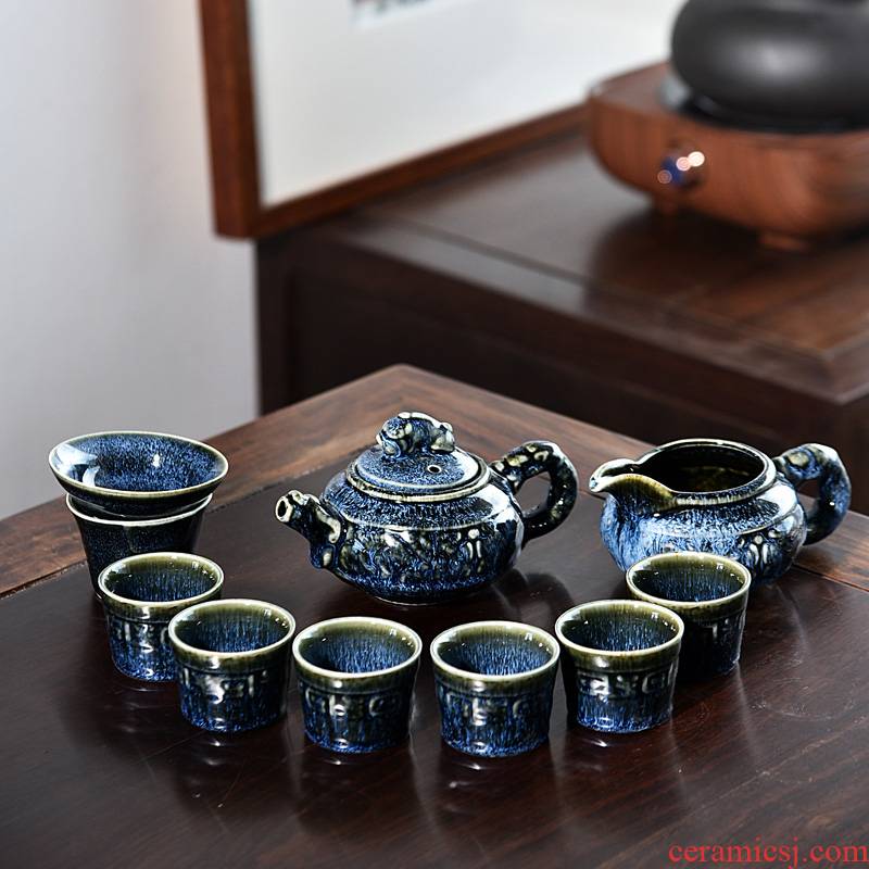 Hui shi blue drawing to build light tea set ceramic household star light teapot kung fu tea tea cup of tea