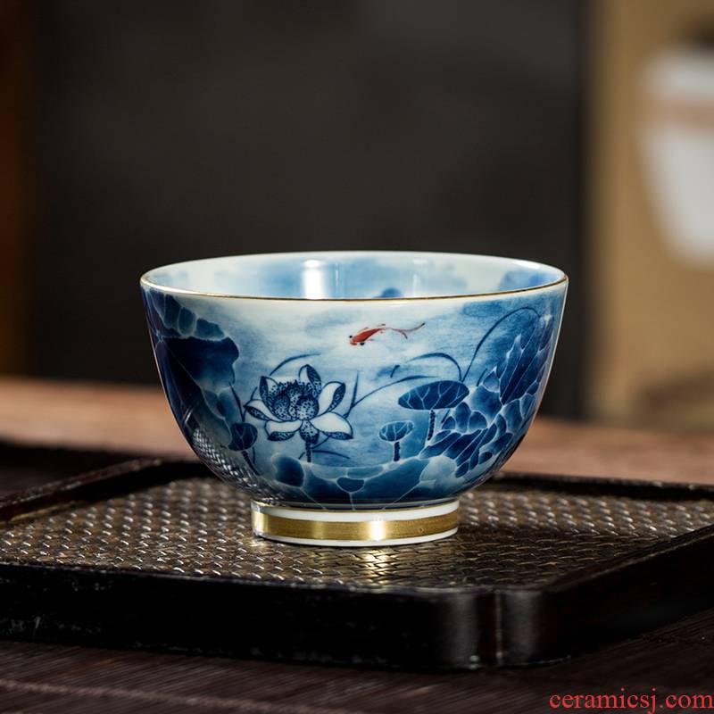 The Owl up jingdezhen porcelain tea set to maintain the fire lotus pond ink heavy wind hand - made master cup tea cup