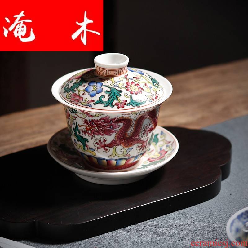 Submerged wood enamel longfeng grain hand - made enamel tureen tea set three cup of jingdezhen antique tea set manually