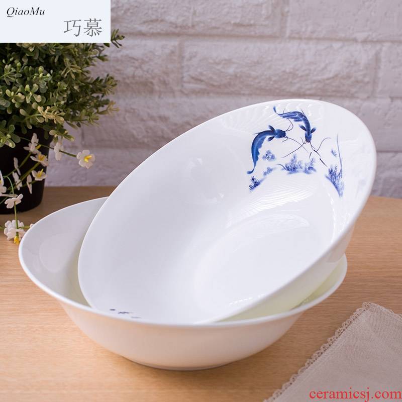Qiao mu 9 inches large soup bowl ipads China jingdezhen nine inch hat to Korean creative glair of blue and white porcelain bowl